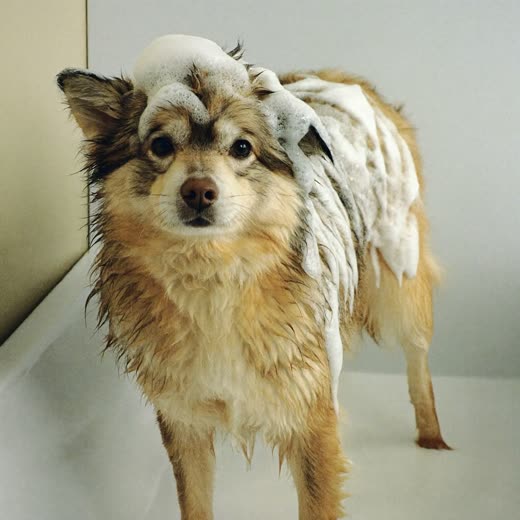 Wet dog covered in suds in a grooming tub
